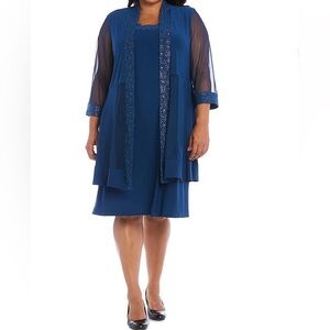 R&M Richards 20 Royal Blue Dress Sequin Embellishments sheer Jacket Plus Size